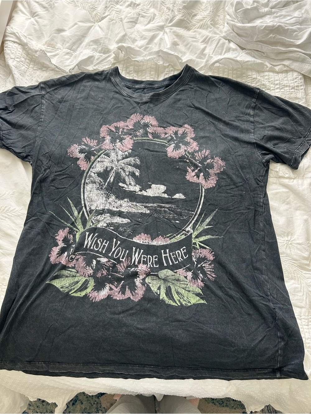 Hollister Black Tee with Pink Floral & Green Leaf Graphic